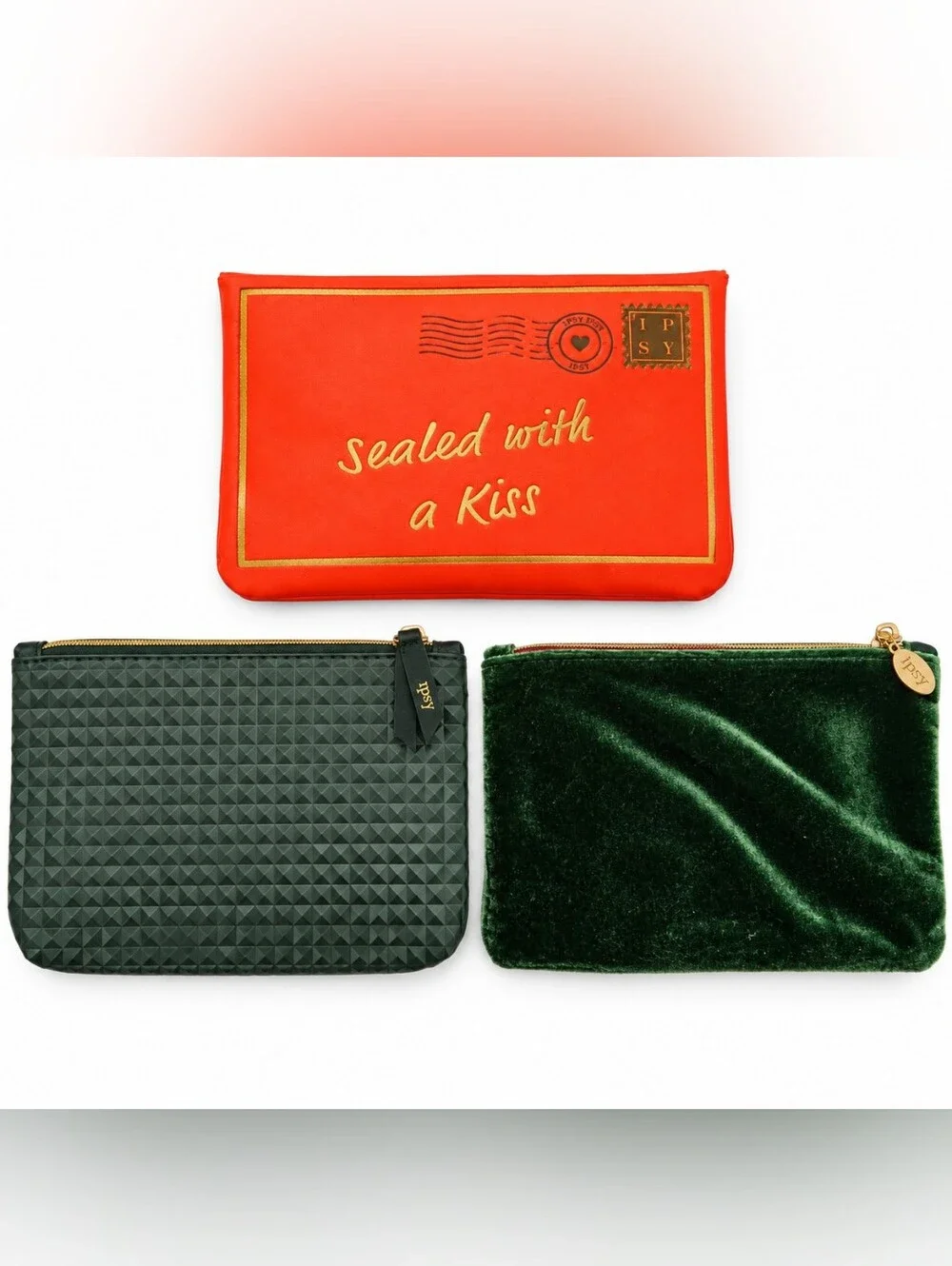 IPSY Glam Bag Lot of 3 Green Velvet Geometric Red Envelope Makeup Pouches